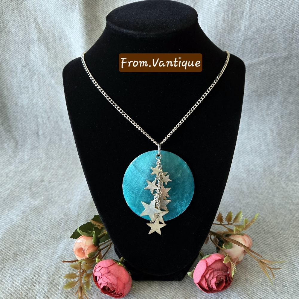 🌟 Vintage Turquoise Shell w/ Silver Stars Necklace ⛓️